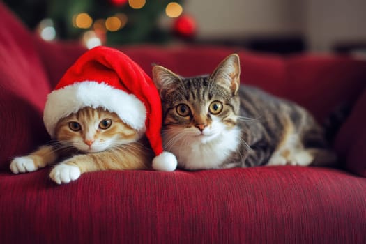 Two adorable cats rest on a red couch one wearing a festive Christmas hat celebrating the holiday spirit in a warm setting.
