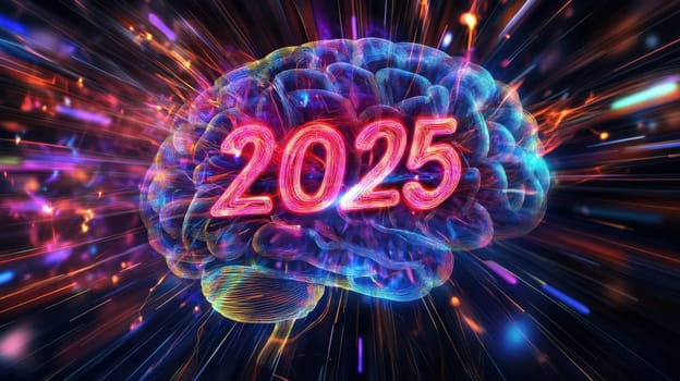 A vibrant brain graphic filled with dynamic colors represents the concept of technology and innovation for the year 2025.