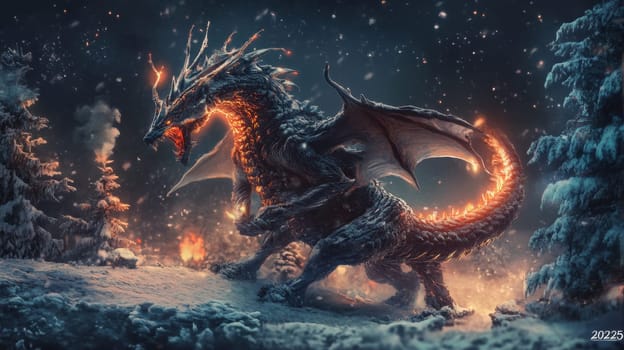 A powerful dragon stands in a snowy landscape exhaling flames while surrounded by trees illustrating a mystical winter night.