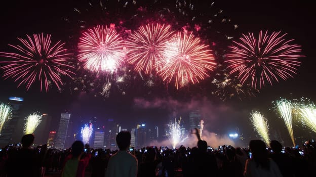 A vibrant fireworks show lights up the night sky captivating onlookers gathered by the waterfront with their phones raised.