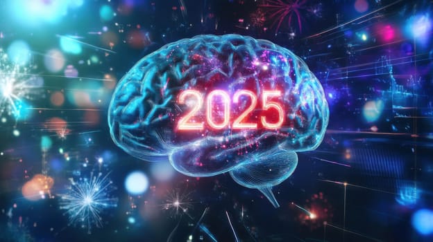 A digital representation of a brain with fireworks symbolizes innovation and aspirations for 2025 radiating energy and excitement for the future.