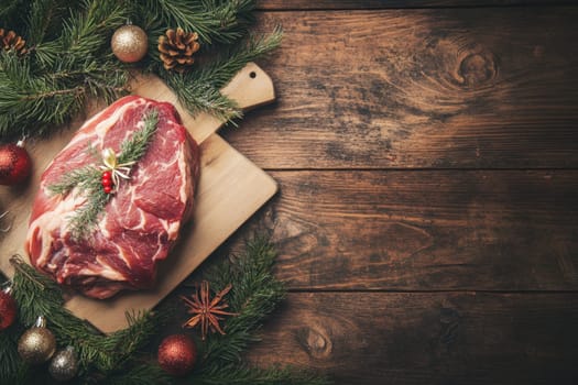 A large cut of meat rests on a wooden board surrounded by holiday decorations including pine branches and ornaments ready for preparation.