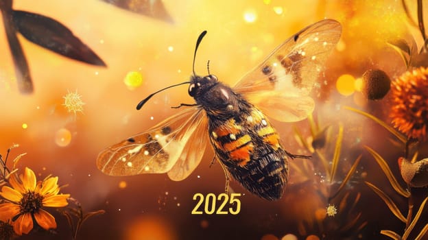 A bee flits between colorful flowers showcasing its beauty amidst a golden glow capturing the essence of natures bounty.