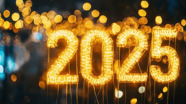Brightly lit numbers 2025 adorn the backdrop creating a festive atmosphere perfect for welcoming the New Year.