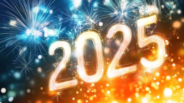 A vibrant celebration welcoming the year 2025 highlighted by dazzling fireworks illuminating the night sky.