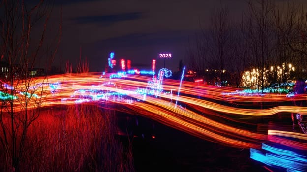 Vibrant light trails weave through a park creating a mesmerizing display of colors against the night sky in the year 2025.