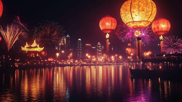 Lanterns and fireworks light up the night sky over the water showcasing a vibrant festival atmosphere in the city skyline.