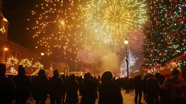A crowd gathers to enjoy vibrant fireworks and holiday decorations celebrating the New Year in a festive atmosphere at night.