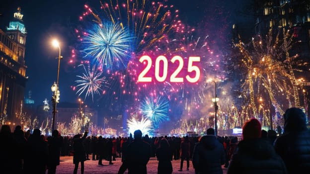 Crowds gather to welcome 2025 as vibrant fireworks light up the night sky in a festive urban celebration.