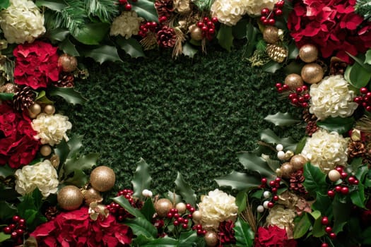 A vibrant arrangement of flowers and ornaments in red white and gold surrounds a deep green center creating a festive atmosphere.