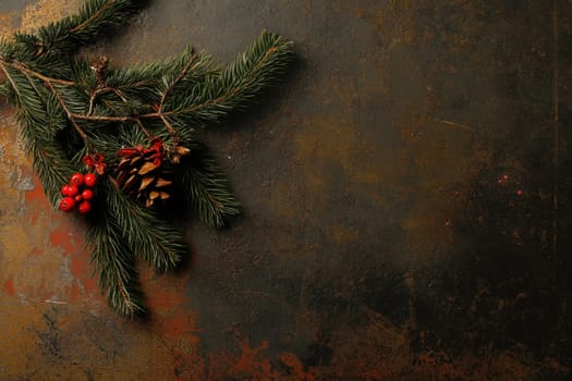 A collection of pine needles red berries and pinecones arranged artistically on a textured surface evoking a festive winter atmosphere.