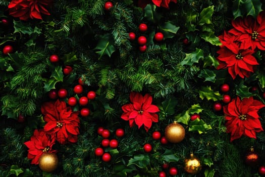A festive arrangement of red poinsettias holly and ornaments creating a cheerful holiday atmosphere in a decorated space.