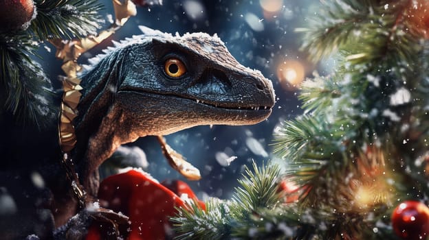 A dinosaur decorated for the holidays peers through a snowy Christmas tree surrounded by festive ornaments and a cozy atmosphere.