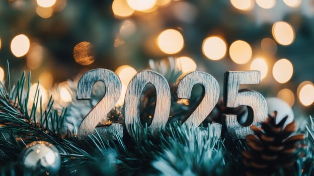 A festive display featuring wooden numbers for 2025 among Christmas tree branches and twinkling lights in the background.