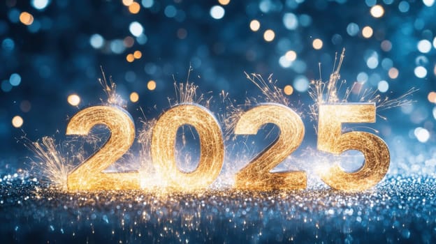Golden numbers representing the year 2025 sparkle against a shimmering blue background symbolizing New Year celebrations and hope.