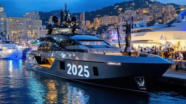 A sleek luxury yacht is moored in Monaco Marina beautifully illuminated against the twinkling city skyline at dusk.