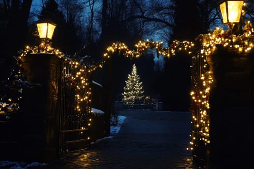 A beautifully lit entrance adorned with holiday lights leads to a glowing Christmas tree in a snowy landscape at night.
