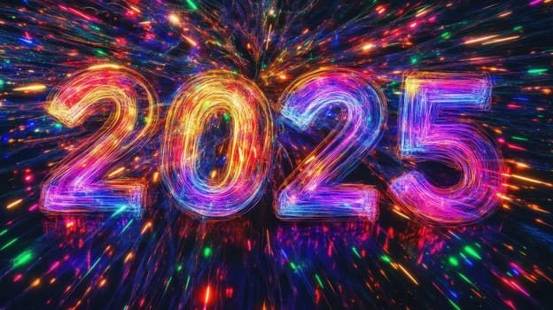 Colorful lights form the year 2025 creating a festive atmosphere as the New Year approaches symbolizing celebration and joy.