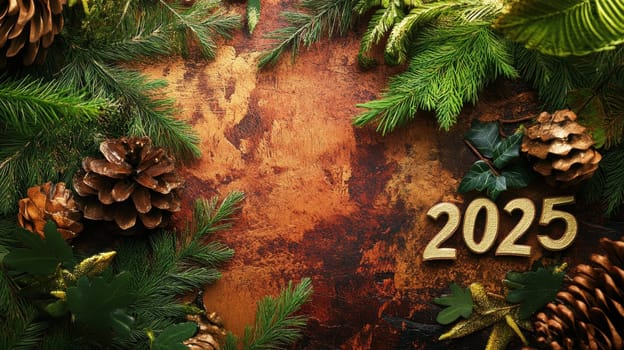 A vibrant arrangement of pine branches and pinecones decorates a rustic background signaling the arrival of New Year 2025.