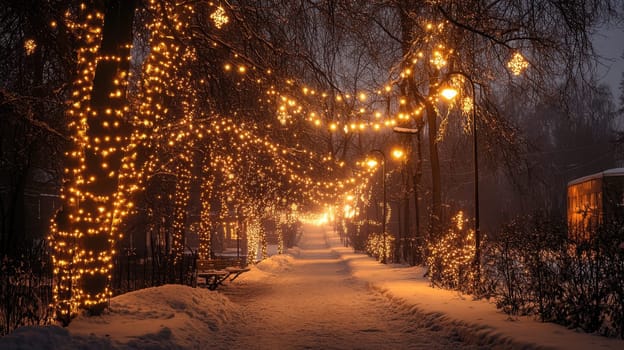 A snowy park pathway is illuminated by warm lights during a serene winter evening creating a magical atmosphere for visitors.