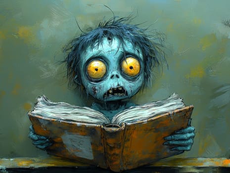 This charming black-and-white illustration features a cute little zombie with messy hair, engrossed in a book. Rendered in a pencil drawing style, the cartoon character design captures the whimsical essence perfect for a children's book. With simple details and a full-body shot, the artwork invites young readers into a playful world of imagination. The wide-angle perspective adds depth, enhancing the overall enchantment of the scene, making it an ideal illustration for storytelling.