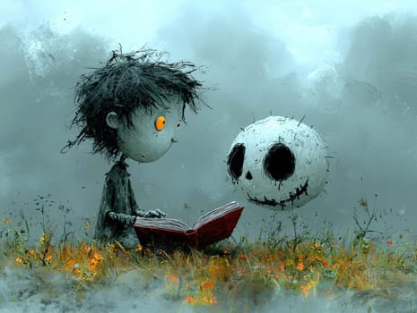 This charming black-and-white illustration features a cute little zombie with messy hair engrossed in reading a story to an alien seated on the ground. Crafted in a pencil drawing style, the cartoon character design is perfect for a children's book, with simple details that enhance its playful appeal. The full-body shot captures the whimsical interaction between the two characters, while the wide-angle perspective adds depth to the scene. This delightful artwork sparks imagination and encourages young readers to explore the joys of storytelling and friendship.
