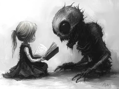 This charming black-and-white illustration features a cute little zombie with messy hair engrossed in reading a story to an alien seated on the ground. Crafted in a pencil drawing style, the cartoon character design is perfect for a children's book, with simple details that enhance its playful appeal. The full-body shot captures the whimsical interaction between the two characters, while the wide-angle perspective adds depth to the scene. This delightful artwork sparks imagination and encourages young readers to explore the joys of storytelling and friendship.