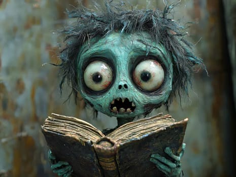 This charming black-and-white illustration features a cute little zombie with messy hair, engrossed in a book. Rendered in a pencil drawing style, the cartoon character design captures the whimsical essence perfect for a children's book. With simple details and a full-body shot, the artwork invites young readers into a playful world of imagination. The wide-angle perspective adds depth, enhancing the overall enchantment of the scene, making it an ideal illustration for storytelling.