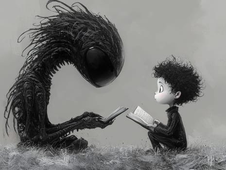 This charming black-and-white illustration features a cute little zombie with messy hair engrossed in reading a story to an alien seated on the ground. Crafted in a pencil drawing style, the cartoon character design is perfect for a children's book, with simple details that enhance its playful appeal. The full-body shot captures the whimsical interaction between the two characters, while the wide-angle perspective adds depth to the scene. This delightful artwork sparks imagination and encourages young readers to explore the joys of storytelling and friendship.