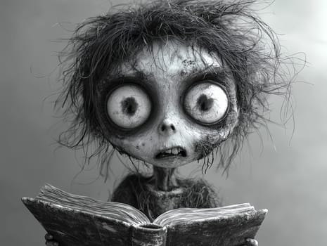 This charming black-and-white illustration features a cute little zombie with messy hair, engrossed in a book. Rendered in a pencil drawing style, the cartoon character design captures the whimsical essence perfect for a children's book. With simple details and a full-body shot, the artwork invites young readers into a playful world of imagination. The wide-angle perspective adds depth, enhancing the overall enchantment of the scene, making it an ideal illustration for storytelling.