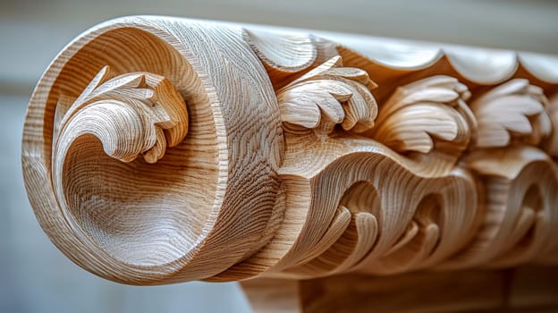 A close-up view of special architectural elements crafted from wood, showcasing fine craftsmanship and attention to detail. The design highlights the natural texture, grain, and beauty of the wood, revealing intricate carvings and patterns that add elegance and warmth to the structure. The architectural details reflect traditional artistry blended with modern aesthetics, creating a timeless and organic appeal.