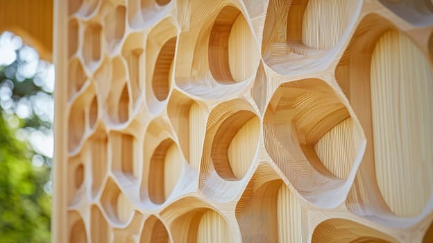 A close-up view of special architectural elements crafted from wood, showcasing fine craftsmanship and attention to detail. The design highlights the natural texture, grain, and beauty of the wood, revealing intricate carvings and patterns that add elegance and warmth to the structure. The architectural details reflect traditional artistry blended with modern aesthetics, creating a timeless and organic appeal.