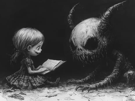 This charming black-and-white illustration features a cute little zombie with messy hair engrossed in reading a story to an alien seated on the ground. Crafted in a pencil drawing style, the cartoon character design is perfect for a children's book, with simple details that enhance its playful appeal. The full-body shot captures the whimsical interaction between the two characters, while the wide-angle perspective adds depth to the scene. This delightful artwork sparks imagination and encourages young readers to explore the joys of storytelling and friendship.
