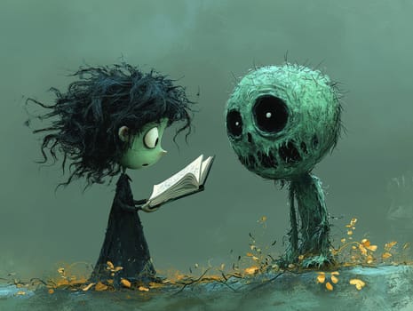 This charming black-and-white illustration features a cute little zombie with messy hair engrossed in reading a story to an alien seated on the ground. Crafted in a pencil drawing style, the cartoon character design is perfect for a children's book, with simple details that enhance its playful appeal. The full-body shot captures the whimsical interaction between the two characters, while the wide-angle perspective adds depth to the scene. This delightful artwork sparks imagination and encourages young readers to explore the joys of storytelling and friendship.