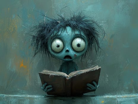 This charming black-and-white illustration features a cute little zombie with messy hair, engrossed in a book. Rendered in a pencil drawing style, the cartoon character design captures the whimsical essence perfect for a children's book. With simple details and a full-body shot, the artwork invites young readers into a playful world of imagination. The wide-angle perspective adds depth, enhancing the overall enchantment of the scene, making it an ideal illustration for storytelling.