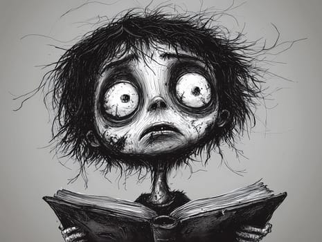 This charming black-and-white illustration features a cute little zombie with messy hair, engrossed in a book. Rendered in a pencil drawing style, the cartoon character design captures the whimsical essence perfect for a children's book. With simple details and a full-body shot, the artwork invites young readers into a playful world of imagination. The wide-angle perspective adds depth, enhancing the overall enchantment of the scene, making it an ideal illustration for storytelling.