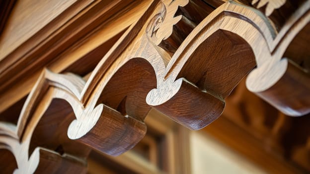A close-up view of special architectural elements crafted from wood, showcasing fine craftsmanship and attention to detail. The design highlights the natural texture, grain, and beauty of the wood, revealing intricate carvings and patterns that add elegance and warmth to the structure. The architectural details reflect traditional artistry blended with modern aesthetics, creating a timeless and organic appeal.