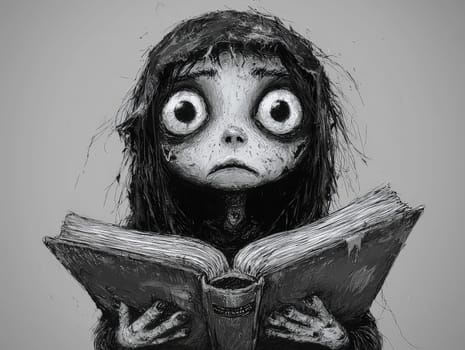 This charming black-and-white illustration features a cute little zombie with messy hair, engrossed in a book. Rendered in a pencil drawing style, the cartoon character design captures the whimsical essence perfect for a children's book. With simple details and a full-body shot, the artwork invites young readers into a playful world of imagination. The wide-angle perspective adds depth, enhancing the overall enchantment of the scene, making it an ideal illustration for storytelling.