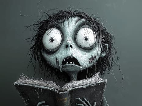 This charming black-and-white illustration features a cute little zombie with messy hair, engrossed in a book. Rendered in a pencil drawing style, the cartoon character design captures the whimsical essence perfect for a children's book. With simple details and a full-body shot, the artwork invites young readers into a playful world of imagination. The wide-angle perspective adds depth, enhancing the overall enchantment of the scene, making it an ideal illustration for storytelling.