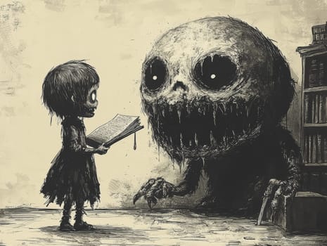 This charming black-and-white illustration features a cute little zombie with messy hair engrossed in reading a story to an alien seated on the ground. Crafted in a pencil drawing style, the cartoon character design is perfect for a children's book, with simple details that enhance its playful appeal. The full-body shot captures the whimsical interaction between the two characters, while the wide-angle perspective adds depth to the scene. This delightful artwork sparks imagination and encourages young readers to explore the joys of storytelling and friendship.