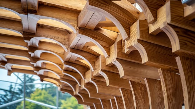 A close-up view of special architectural elements crafted from wood, showcasing fine craftsmanship and attention to detail. The design highlights the natural texture, grain, and beauty of the wood, revealing intricate carvings and patterns that add elegance and warmth to the structure. The architectural details reflect traditional artistry blended with modern aesthetics, creating a timeless and organic appeal.