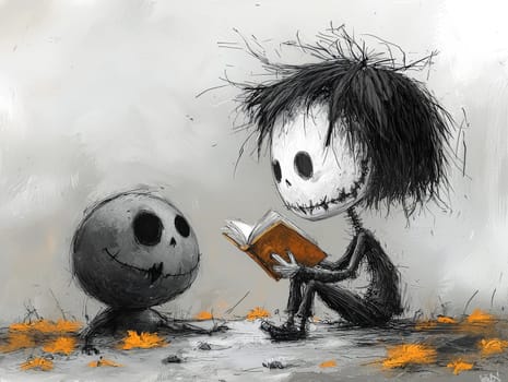 This charming black-and-white illustration features a cute little zombie with messy hair engrossed in reading a story to an alien seated on the ground. Crafted in a pencil drawing style, the cartoon character design is perfect for a children's book, with simple details that enhance its playful appeal. The full-body shot captures the whimsical interaction between the two characters, while the wide-angle perspective adds depth to the scene. This delightful artwork sparks imagination and encourages young readers to explore the joys of storytelling and friendship.