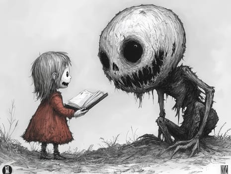 This charming black-and-white illustration features a cute little zombie with messy hair engrossed in reading a story to an alien seated on the ground. Crafted in a pencil drawing style, the cartoon character design is perfect for a children's book, with simple details that enhance its playful appeal. The full-body shot captures the whimsical interaction between the two characters, while the wide-angle perspective adds depth to the scene. This delightful artwork sparks imagination and encourages young readers to explore the joys of storytelling and friendship.
