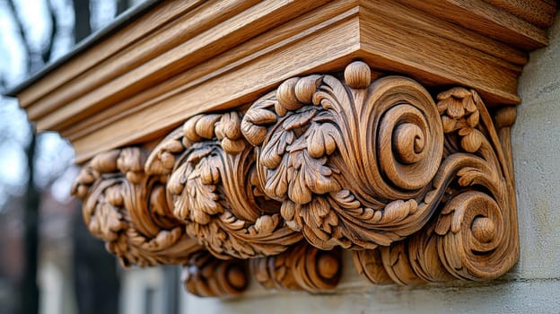 A close-up view of special architectural elements crafted from wood, showcasing fine craftsmanship and attention to detail. The design highlights the natural texture, grain, and beauty of the wood, revealing intricate carvings and patterns that add elegance and warmth to the structure. The architectural details reflect traditional artistry blended with modern aesthetics, creating a timeless and organic appeal.