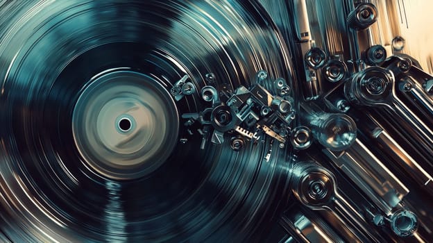 A dynamic artwork featuring a vinyl record as the central element, with metallic pipes and nuts flowing outward in a mesmerizing, artistic arrangement. The pipes glisten with vivid reflections, while the bolts and nuts form intricate, symmetrical patterns. Set against a futuristic industrial background, the sharp lighting and deep shadows create a high-contrast, ultra-detailed scene. The combination of geometric forms, mechanical precision, and shimmering textures evokes a sense of industrial beauty and innovation.