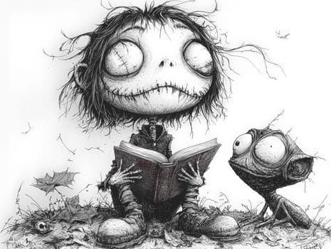 This charming black-and-white illustration features a cute little zombie with messy hair engrossed in reading a story to an alien seated on the ground. Crafted in a pencil drawing style, the cartoon character design is perfect for a children's book, with simple details that enhance its playful appeal. The full-body shot captures the whimsical interaction between the two characters, while the wide-angle perspective adds depth to the scene. This delightful artwork sparks imagination and encourages young readers to explore the joys of storytelling and friendship.