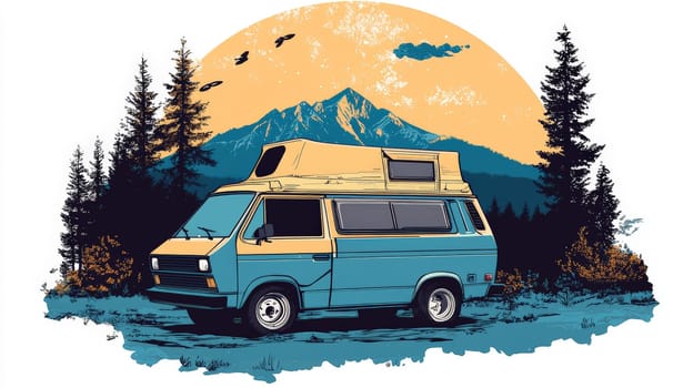 This captivating t-shirt design features a vibrant and adventurous illustration tailored for vanlife enthusiasts. The portrait format showcases a stunning landscape of mountains and forests, capturing the essence of freedom on the open road. Accompanying the artwork is a striking slogan that inspires adventure and exploration, making it the perfect apparel for those who live to travel and embrace the nomadic lifestyle. The design blends creativity with a sense of community, appealing to everyone who cherishes life on the move.