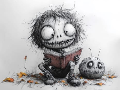 This charming black-and-white illustration features a cute little zombie with messy hair engrossed in reading a story to an alien seated on the ground. Crafted in a pencil drawing style, the cartoon character design is perfect for a children's book, with simple details that enhance its playful appeal. The full-body shot captures the whimsical interaction between the two characters, while the wide-angle perspective adds depth to the scene. This delightful artwork sparks imagination and encourages young readers to explore the joys of storytelling and friendship.