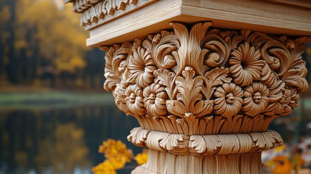 A close-up view of special architectural elements crafted from wood, showcasing fine craftsmanship and attention to detail. The design highlights the natural texture, grain, and beauty of the wood, revealing intricate carvings and patterns that add elegance and warmth to the structure. The architectural details reflect traditional artistry blended with modern aesthetics, creating a timeless and organic appeal.