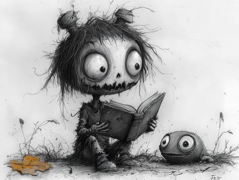 This charming black-and-white illustration features a cute little zombie with messy hair engrossed in reading a story to an alien seated on the ground. Crafted in a pencil drawing style, the cartoon character design is perfect for a children's book, with simple details that enhance its playful appeal. The full-body shot captures the whimsical interaction between the two characters, while the wide-angle perspective adds depth to the scene. This delightful artwork sparks imagination and encourages young readers to explore the joys of storytelling and friendship.